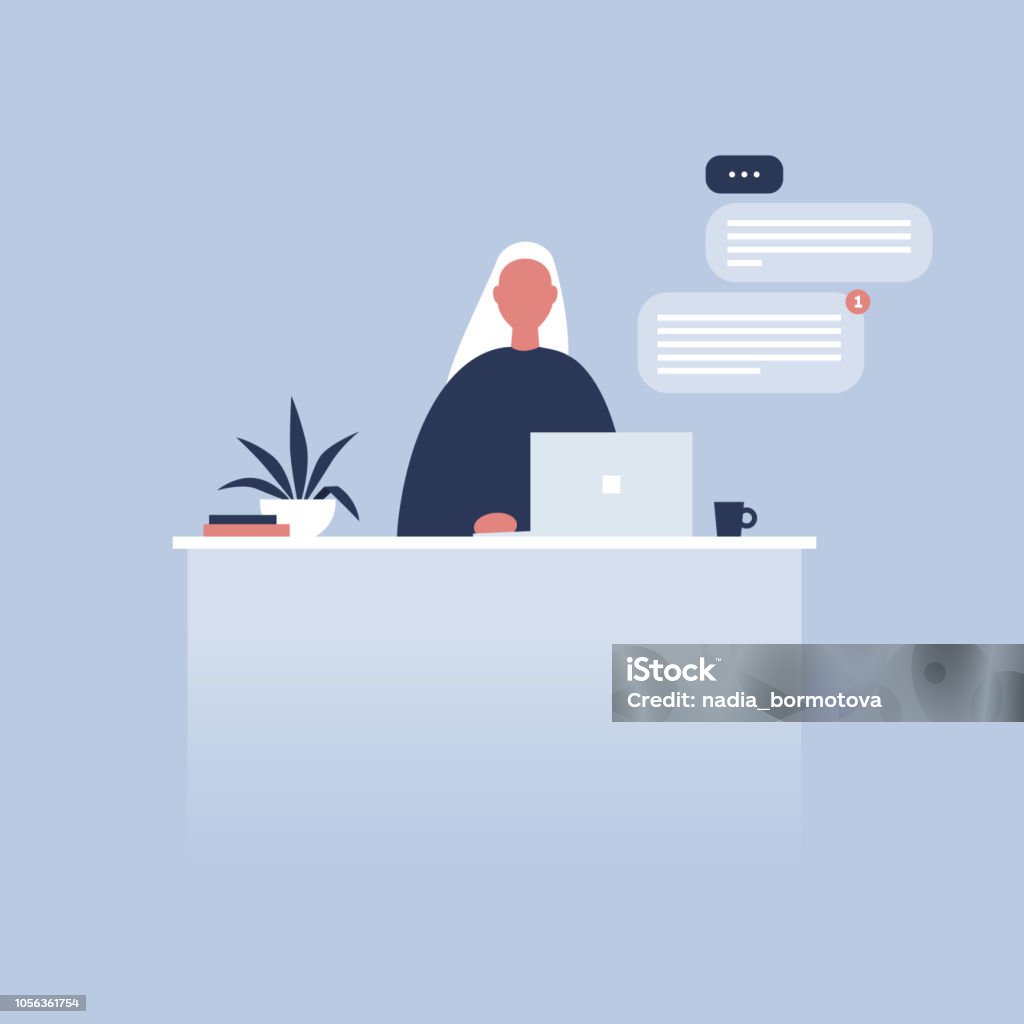 Office life. Young female character sitting at the desk. Laptop. Pop up windows. Messenger. Flat editable vector illustration, clip art. Millennials at work. Office stock vector