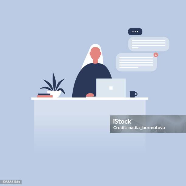 Office Life Young Female Character Sitting At The Desk Laptop Pop Up Windows Messenger Flat Editable Vector Illustration Clip Art Millennials At Work Stock Illustration - Download Image Now