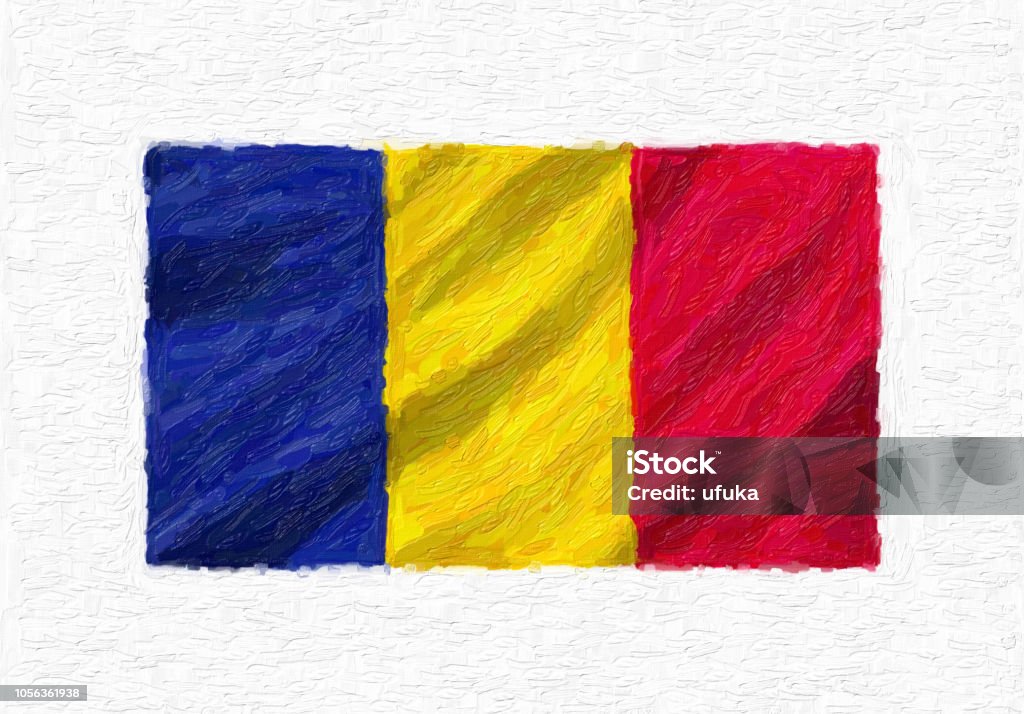 Romania hand painted waving national flag, oil paint isolated on white canvas, 3D illustration. Bucharest Stock Photo