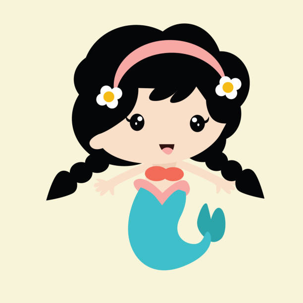 cute braided little mermaid girls with flower headdress, cartoon character cute cartoon image of cheerful little mermaid mermaid dress stock illustrations