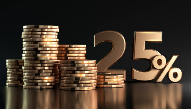 3d rendering percentage of sale and money stacks 25  percent 3d rendering percentage of sale and money stacks 25 percent mm1 stock pictures, royalty-free photos & images