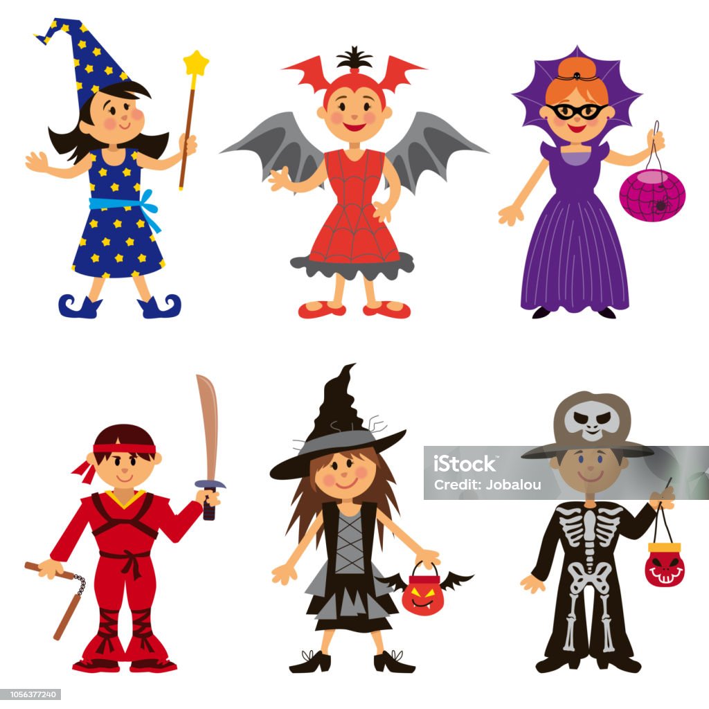 Ilustración de Disfraces De Halloween Para Niños De Dibujos Animados y más  Vectores Libres de Derechos de Disfraz - iStock