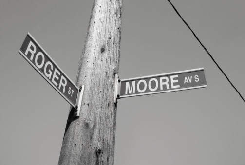 street signs showing the intersection of Roger Street and Moore Ave S