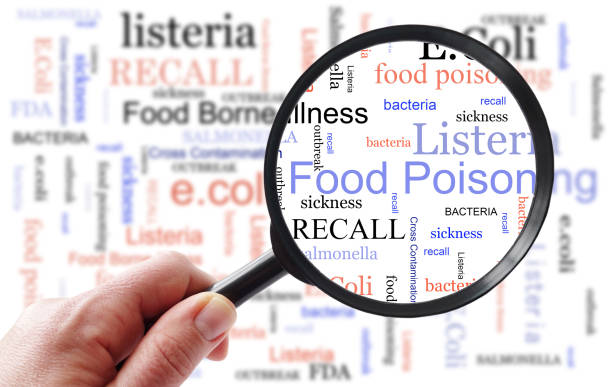 Food Poisoning inspection concept Food poisoning related terms, salmonella, e coli etc, in a word cloud with magnifying glass food recall stock pictures, royalty-free photos & images