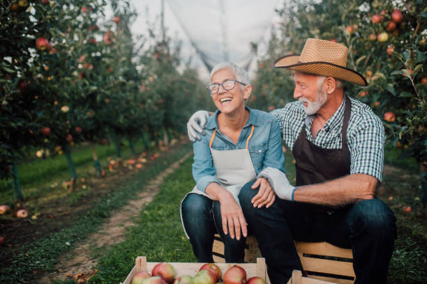 istock Happy old couple hugging at apple orchard 1056390676