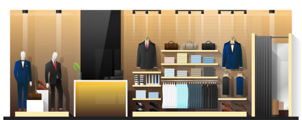 ilustrações de stock, clip art, desenhos animados e ícones de interior scene of men clothing store , vector , illustration - boutique fashion indoors shopping
