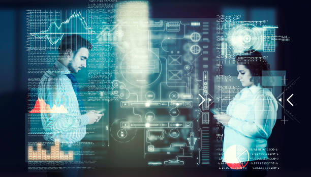 istock Two business people using smartphones and sharing data information on a futuristic interface. 1056393842