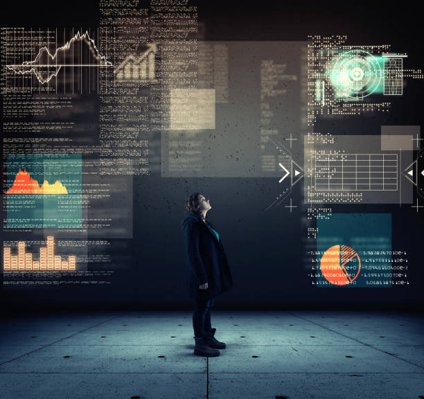istock Woman looking up to a futuristic interface with infographs and data information. 1056398224