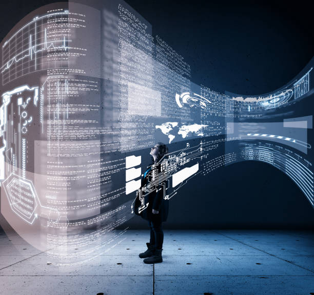 istock Woman looking up to a futuristic interface with infographs and data information. 1056398238