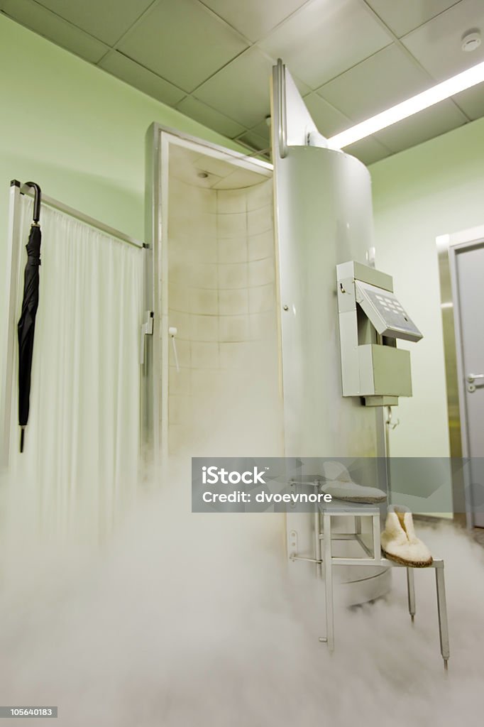 cryotherapy capsule open cryotherapy capsule in cosmetological clinic. vertical shot Cryotherapy Stock Photo