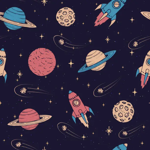 Vector illustration of Hand drawn seamless pattern with Jupiter, Mars, Saturn, Neptune planets, moon and flying rockets on the starry background. Vector space ornament doodles.