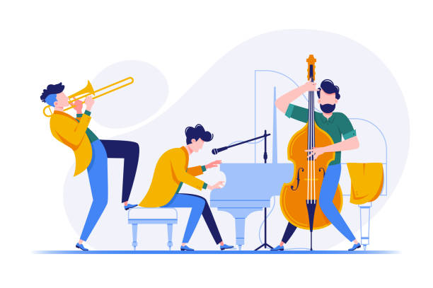 Group of musicians playing classical instruments. Group of musicians playing classical instruments. Concept persons, men playing the piano, trumpet and cello. Vector illustration. musician stock illustrations