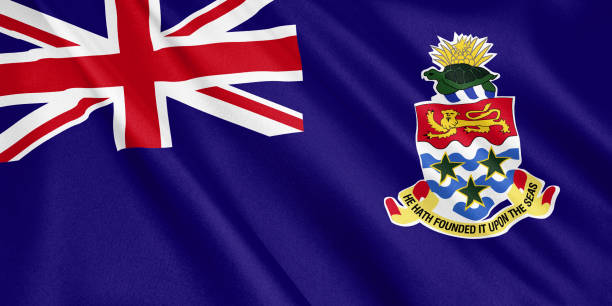istock Cayman Islands flag waving with the wind, wide format, 3D illustration. 3D rendering. 1056406934