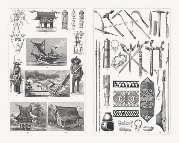 kultura malajska, ryciny drewniane, opublikowane w 1897 roku - dayak stock illustrations