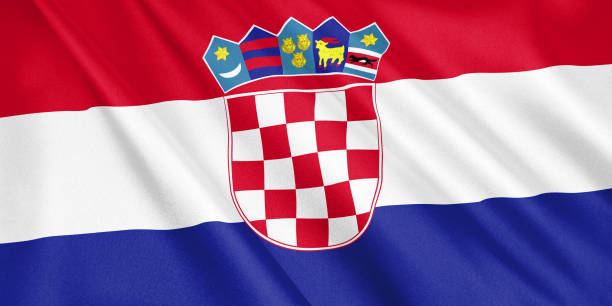 istock Croatia flag waving with the wind, wide format, 3D illustration. 3D rendering. 1056407504