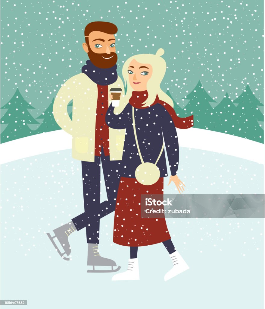 couple skating on outdoor ice rink Young hipster couple skating on outdoor ice rink Child stock vector