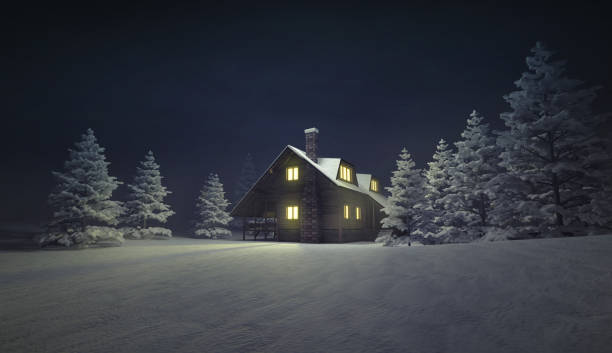 cottage in legno illuminato in inverno paesaggio calmo - winter chalet snow residential structure foto e immagini stock