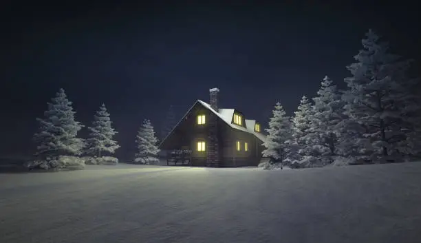 Photo of illuminated wooden cottage at winter calm landscape