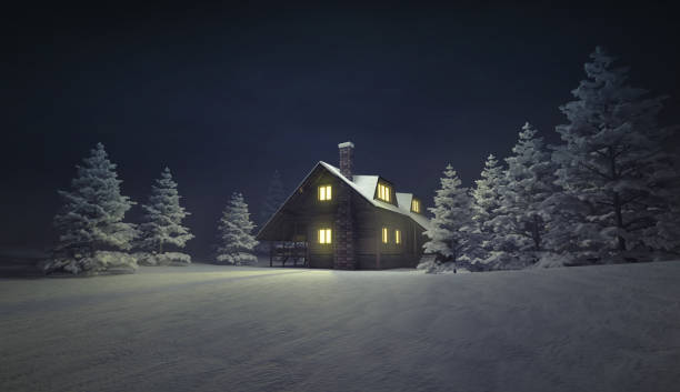 chalé de madeira iluminado em calma paisagem de inverno - winter chalet snow residential structure - fotografias e filmes do acervo