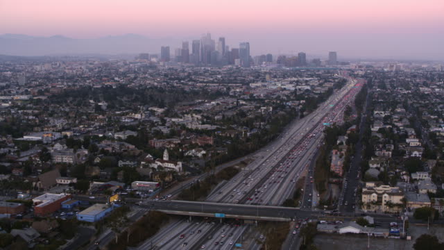 AERIAL Los Angeles with Downton in the background at sunset