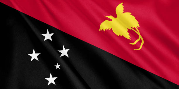 istock Papua New Guinea flag waving with the wind, wide format, 3D illustration. 3D rendering. 1056413562