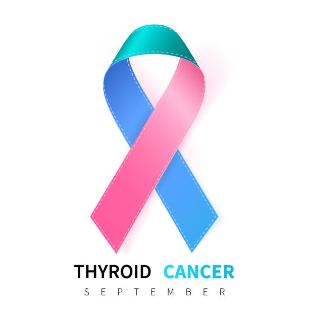 istock Thyroid Cancer Awareness Month. Realistic Teal Pink Blue ribbon symbol. Medical Design. Vector illustration 1056413606