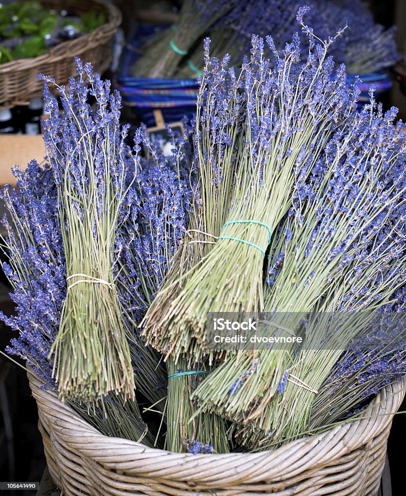 Lavender Bunches for Sale Dry Lavender Bunches in busket for Sale at street market Arrangement Stock Photo