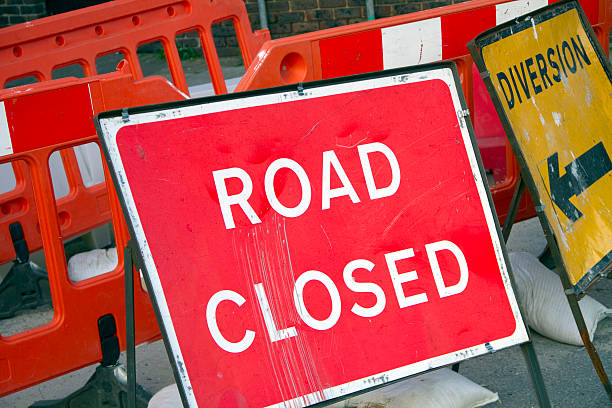 istock Road closed, street signs in Great Britain 105642038