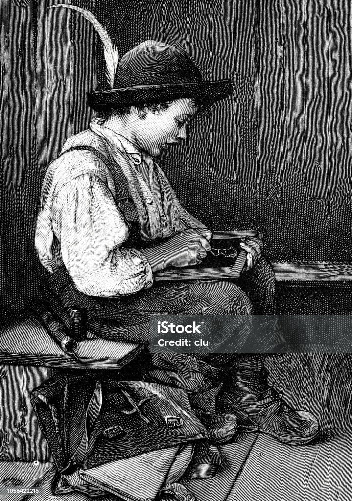 Schoolboy sitting on a stool painting with chalk on a slate board Illustration from 19th century 19th Century stock illustration