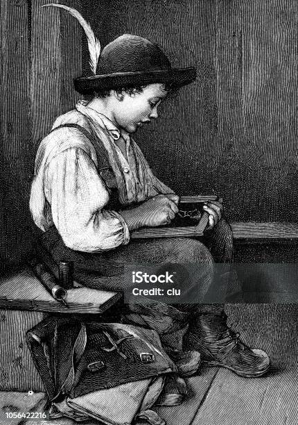 Schoolboy Sitting On A Stool Painting With Chalk On A Slate Board Stock Illustration - Download Image Now