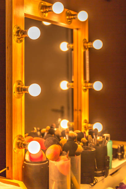 istock mirror with wooden frame and spotlights used for professional makeup 1056424478