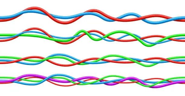 Vector illustration of Set of twisted realistic colored electrical wires. Seamless vector texture on white background.