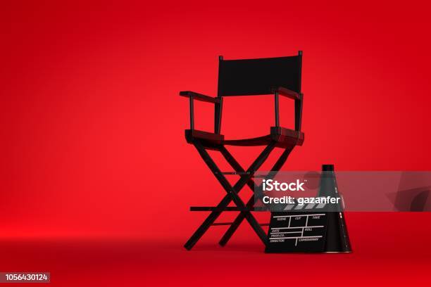 3d Directors Chair On Film Set On Red Background Stock Photo - Download Image Now - Movie, Movie Theater, Hollywood - California