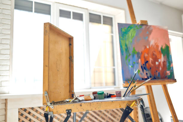 istock Close up of drawing instruments and tools at studio. 1056430734
