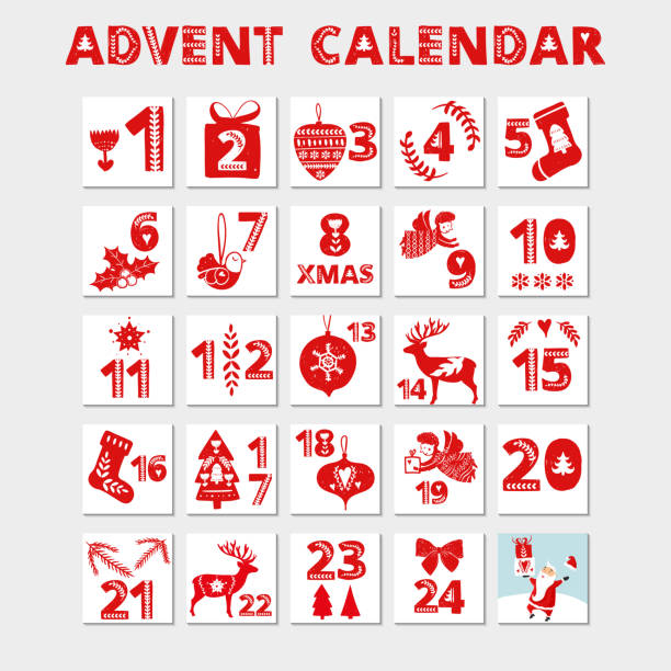 ilustrações, clipart, desenhos animados e ícones de calendário do advento. cartões de comemoração do feriado do natal para contagem regressiva - advent calendar christmas number red