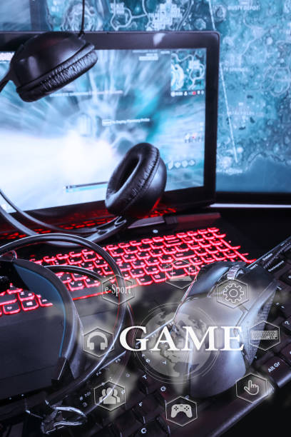gamer workspace concept, game mechanism, mouse, keyboard headset, webcam, VR headset. Devices for cyber sport, e-sport on a black background table with digital symbols and text game.