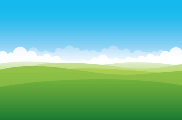 Simple green field Simplified green hill on a blue sky background land stock illustrations