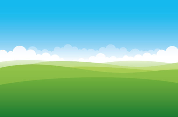 Simple green field Simplified green hill on a blue sky background grass and sky stock illustrations