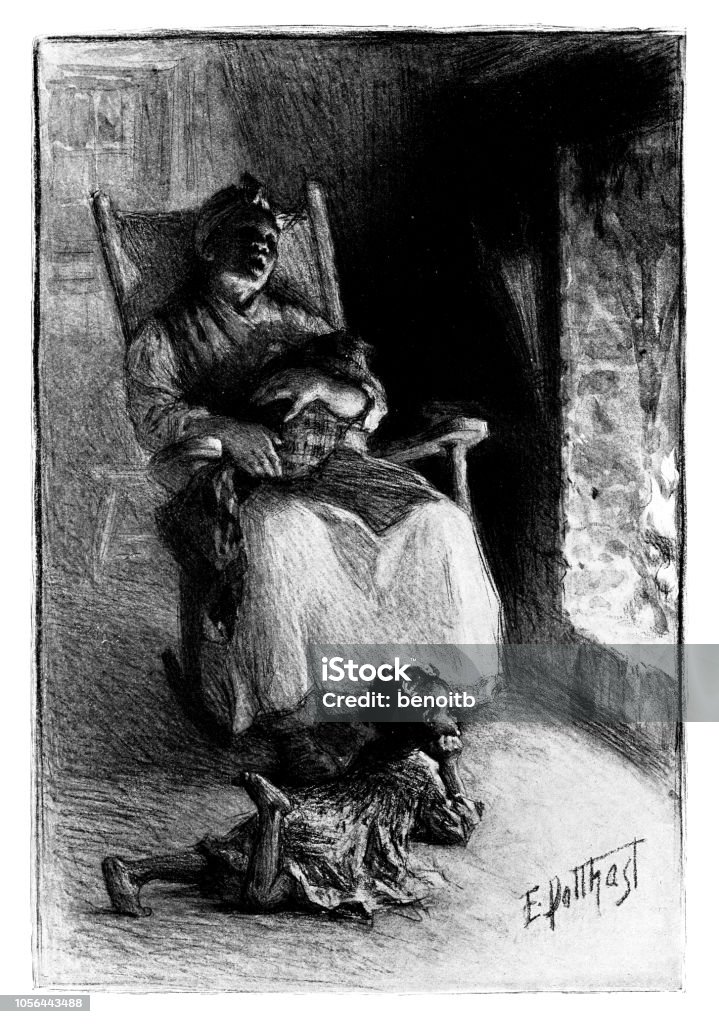 TIred mother with her kids by the fireplace TIred mother with her kids by the fireplace - Scanned 1899 Engraving Baby - Human Age stock illustration