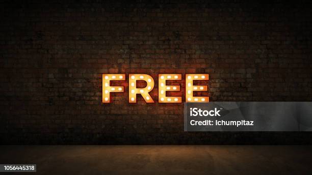 Neon Sign On Brick Wall Background Free 3d Rendering Stock Photo - Download Image Now