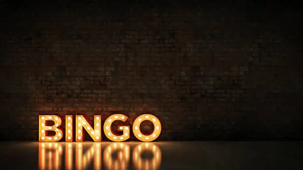 Photo of Neon Sign on Brick Wall background - Bingo. 3d rendering