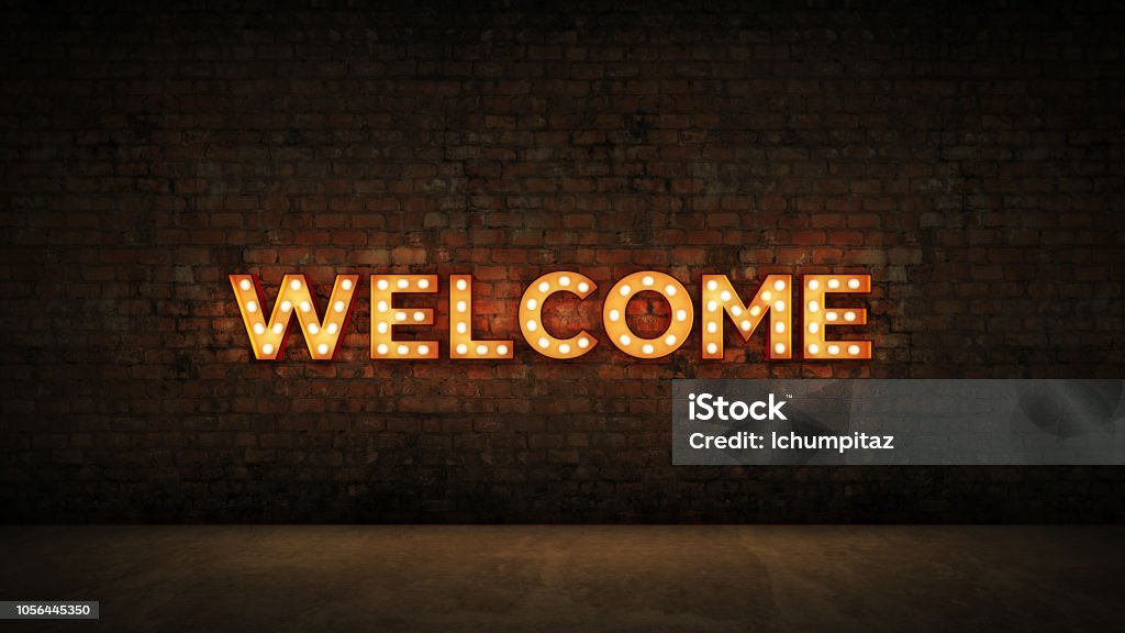 Neon Sign on Brick Wall background - Welcome. 3d rendering Welcome Sign Stock Photo