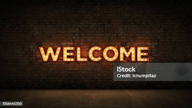 Neon Sign On Brick Wall Background Welcome 3d Rendering Stock Photo - Download Image Now