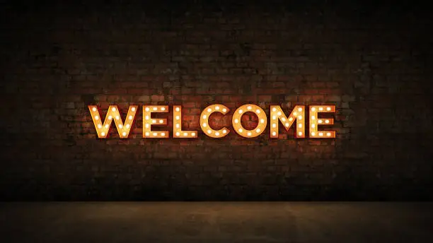 Photo of Neon Sign on Brick Wall background - Welcome. 3d rendering