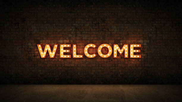 neon sign on brick wall background - welcome. 3d rendering - welcome back imagens e fotografias de stock