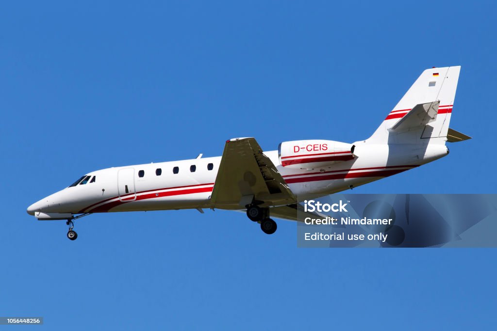 D-CEIS Cessna 680 Citation Sovereign business jet aircraft on the blue sky background Borispol, Ukraine - May 26, 2018: D-CEIS Cessna 680 Citation Sovereign business jet aircraft on the blue sky background Royal Person Stock Photo