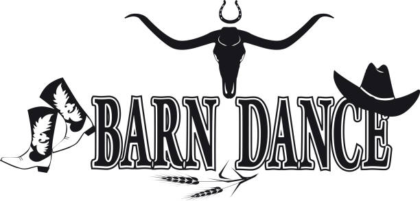 Barn dance banner Barn dance black silhouette vector banner with cowboy boots and hat and buffalo scull, no white objects, EPS 8 quadrille to stock illustrations