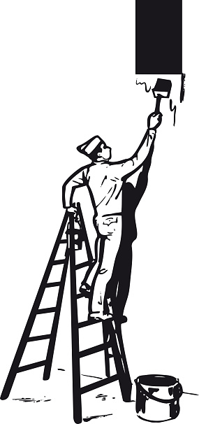 Painter on a ladder, Retro and Vintage Illustration in the typical Swiss Illustration Style of the Fifties, Sixties and Seventies