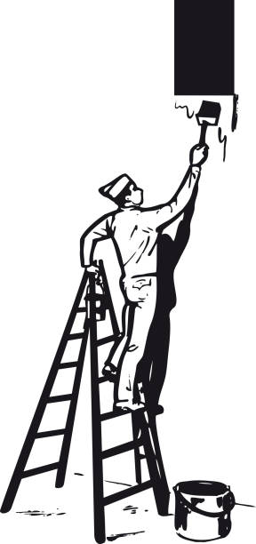 Painter on a ladder, Retro Vector Illustration Painter on a ladder, Retro and Vintage Illustration in the typical Swiss Illustration Style of the Fifties, Sixties and Seventies 60s style dresses stock illustrations