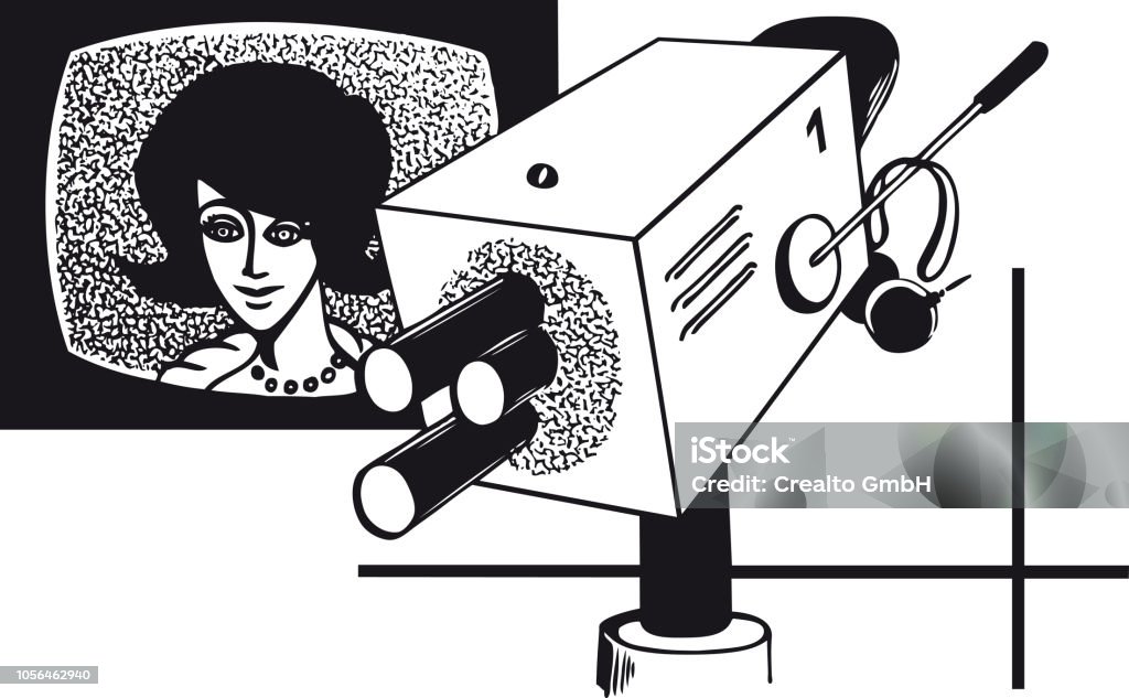 Television spokeswoman with camera, Retro Vector Illustration Television spokeswoman with camera, Retro and Vintage Illustration in the typical Swiss Illustration Style of the Fifties, Sixties and Seventies Actor stock vector